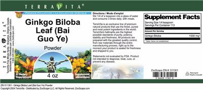 Photo of the TerraVita Premium Collection Ginkgo Biloba Leaf (Bai Guo Ye) Powder label