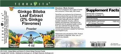 Photo of the TerraVita Premium Collection Ginkgo Biloba Leaf Extract (2% Ginkgo Flavones) Powder label