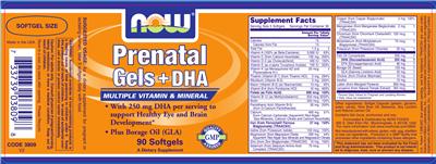 Photo of the NOW Prenatal Gels + DHA label
