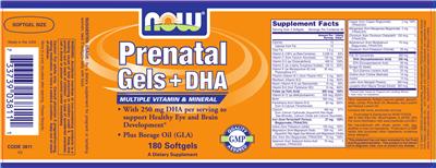 Photo of the NOW Prenatal Gels + DHA label