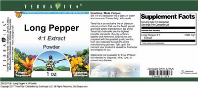 Photo of the TerraVita Premium Collection Long Pepper 4:1 Extract Powder label