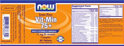 Photo of the NOW Iron-Free Vit-Min 75+ label