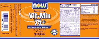 Photo of the NOW Iron-Free Vit-Min 75+ label