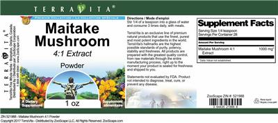 Photo of the TerraVita Premium Collection Maitake Mushroom 4:1 Extract Powder label