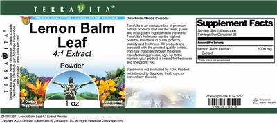Photo of the TerraVita Premium Collection Lemon Balm Leaf 4:1 Extract Powder label
