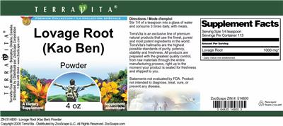 Photo of the TerraVita Premium Collection Lovage Root (Kao Ben) Powder label