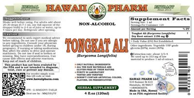 Photo of the Hawaii Pharm Tongkat Ali Non-Alcohol label