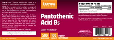 Photo of the Jarrow Formulas Pantothenic Acid B5 500 mg label
