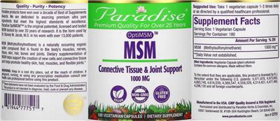 Photo of the Paradise MSM 1000 mg label