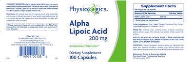 Photo of the PhysioLogics Alpha Lipoic Acid 200 mg label