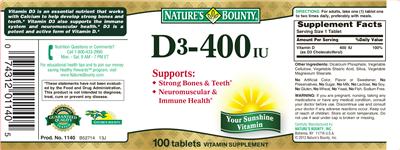 Photo of the Nature's Bounty D3-400 IU label