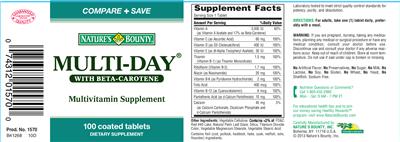Photo of the Nature's Bounty Multi-Day with Beta-Carotene Multivitamin Supplement label