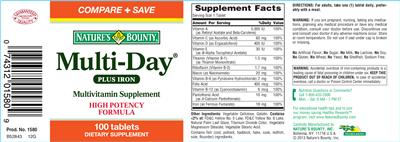 Photo of the Nature's Bounty Multi-Day Plus Iron Multivitamin Supplement label