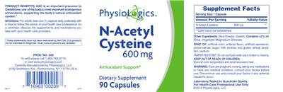 Photo of the PhysioLogics N-Acetyl Cysteine 600 mg label