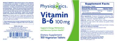 Photo of the PhysioLogics Vitamin B-6 100 mg label