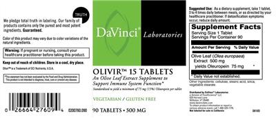 Photo of the DaVinci Laboratories Olivir 15 Tablets 500 mg label
