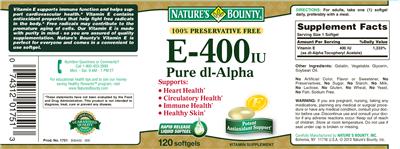 Photo of the Nature's Bounty E-400 IU Pure DL-Alpha label
