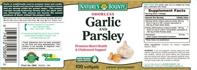 Photo of the Nature's Bounty Odorless Garlic and Parsley label