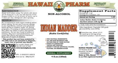 Photo of the Hawaii Pharm Indian Madder Non-Alcohol label