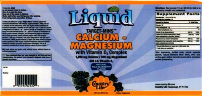 Photo of the Country Life Liquid Target-Mins Calcium-Magnesium Natural Wild Blueberry Flavor label