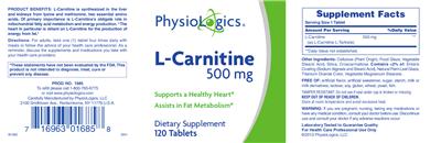 Photo of the PhysioLogics L-Carnitine 500 mg label