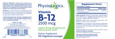 Photo of the PhysioLogics Vitamin B-12 2500 mcg label