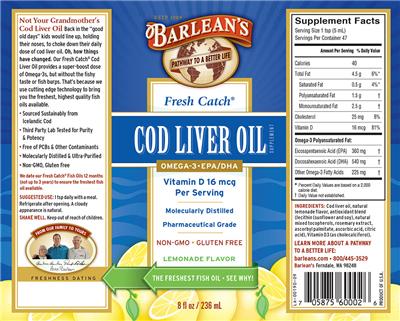 Photo of the Barlean's Fresh Catch Cod Liver Oil Lemonade Flavor label