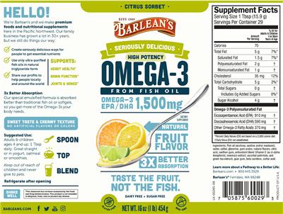 Photo of the Barlean's Seriously Delicious High Potency Omega-3 Citrus Sorbet label