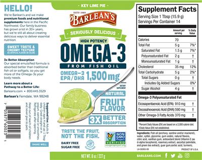 Photo of the Barlean's Seriously Delicious High Potency Omega-3 Key Lime Pie label