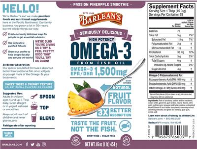 Photo of the Barlean's Seriously Delicious High Potency Omega-3 Passion Pineapple Smoothie label