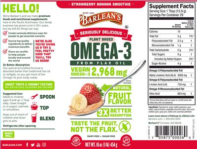 Photo of the Barlean's Seriously Delicious Omega-3 Strawberry Banana Smoothie label