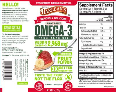 Photo of the Barlean's Seriously Delicious Omega-3 Strawberry Banana Smoothie label