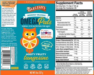 Photo of the Barlean's Seriously Delicious Omega Pals Hooty Fuity Tangerine Flavor label
