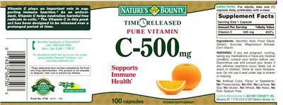 Photo of the Nature's Bounty Time Released Pure Vitamin C-500 mg label