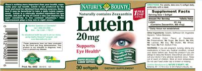 Photo of the Nature's Bounty Lutein 20 mg label