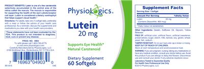 Photo of the PhysioLogics Lutein 20 mg label