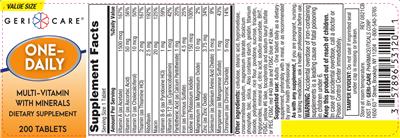 Photo of the Geri-Care One-Daily Multi-Vitamin with Minerals label