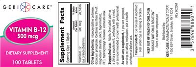 Photo of the Geri-Care Vitamin B-12 500 mcg label