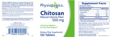 Photo of the PhysioLogics Chitosan Natural Marine Fiber 500 mg label