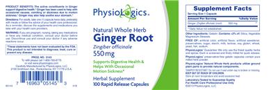 Photo of the PhysioLogics Ginger Root 550 mg label