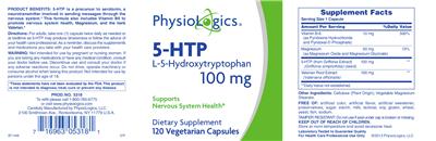 Photo of the PhysioLogics 5-HTP L-5-Hydroxytryptophan 100 mg label