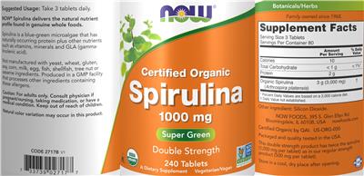 Photo of the NOW Certified Organic Spirulina 1000 mg label