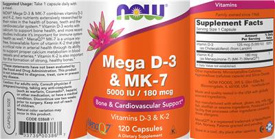 Photo of the NOW Mega D-3 5000 IU & MK-7 180 mcg label