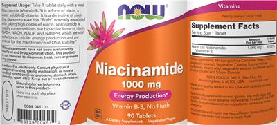 Photo of the NOW Niacinamide 1000 mg label