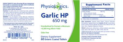 Photo of the PhysioLogics Garlic HP 650 mg label