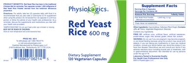 Photo of the PhysioLogics Red Yeast Rice 600 mg label