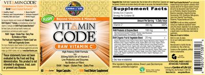 Photo of the Garden of Life Vitamin Code RAW Vitamin C label