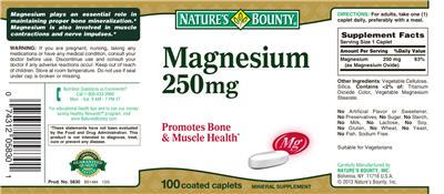 Photo of the Nature's Bounty Magnesium 250 mg label