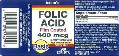 Photo of the Basic Vitamins Folic Acid 400 mcg label