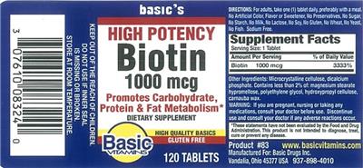 Photo of the Basic Vitamins High Potency Biotin 1000 mcg label